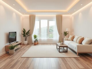 Cozy living room with modern furniture and warm lighting, floor, spacious, minimalistic
