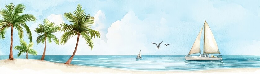 Obraz premium Scenic beach with palm trees, a sailboat on the horizon, under a blue sky with fluffy clouds.