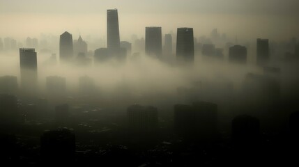 A city skyline obscured by dense fog, creating an ethereal and mysterious atmosphere.