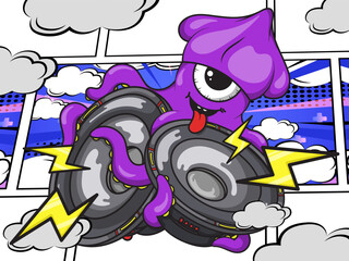Music poster design with octopus and speaker cartoon vector object