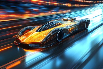 A futuristic sports car speeding through the night with blurred city lights.