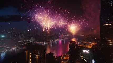 Fototapeta premium City skyline with fireworks over the skyline, Happy New Year message in the sky, bright and vibrant, 