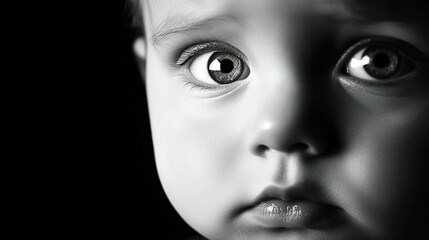 Fototapeta premium A close-up of an adorable baby face, showcasing soft skin, bright eyes, and a sweet, innocent expression. The baby’s facial features are highlighted, capturing the pure essence of childhood innocence 