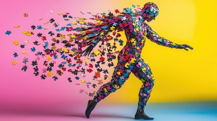 Colorful puzzle figure symbolizing the complex mind, with pieces floating away into a serene gradient backdrop. Journey to wholeness. 