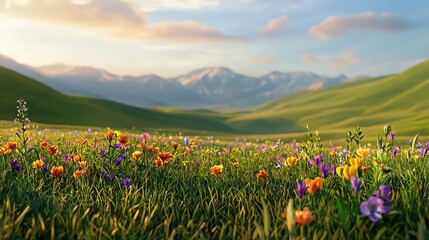 Colorful wildflower meadow in a lush green valley