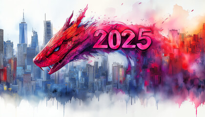 Ring in 2025 with vibrant art celebrating the wood snake in an urban backdrop!