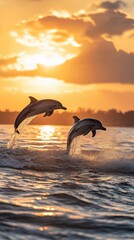 Obraz premium Two dolphins jumping out of the water at sunset