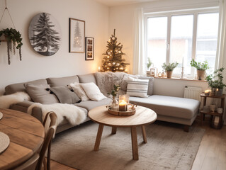 Modern minimalist Scandinavian style interior in neutral colors with Christmas decor, neutral couch and winter art on the wall. Holiday season interior. Winter mood interior.