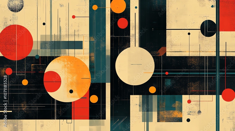 Poster abstract geometric pattern with circles and lines in red, orange, yellow, black and white on a textu