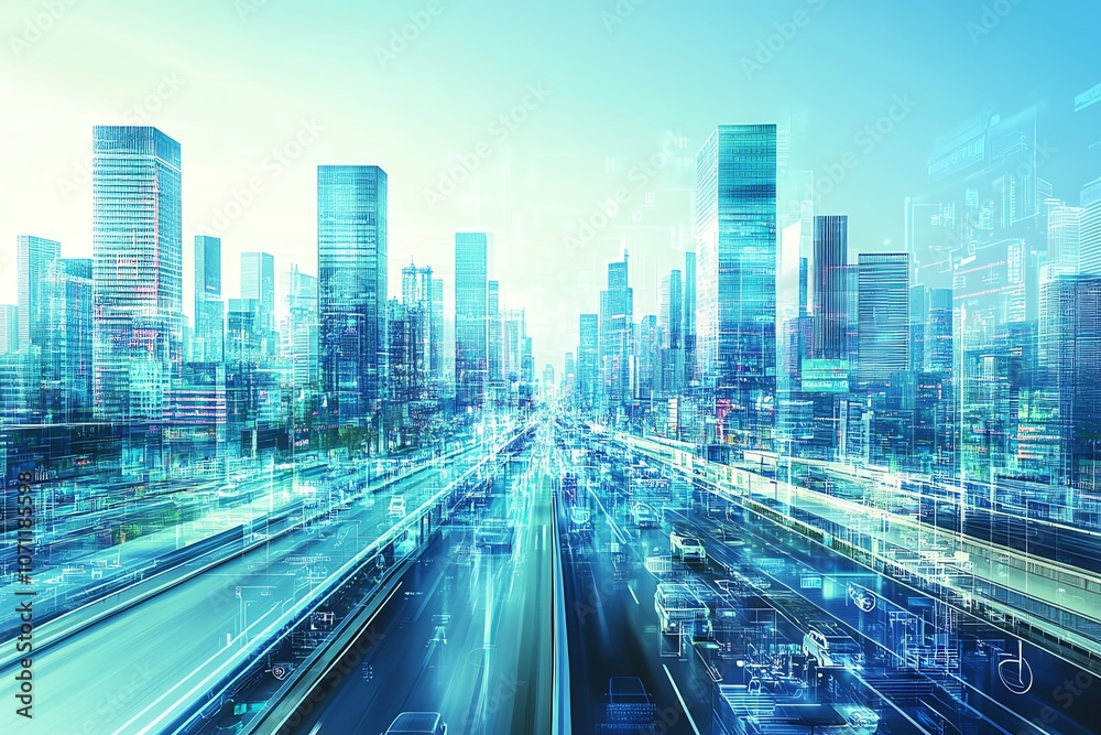 Aufkleber Futuristic cityscape with digital overlays showing data and technology.