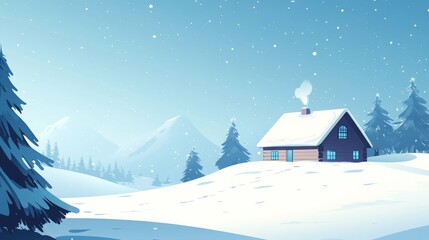 A cozy cabin sits on a snowy hill, smoke rising from its chimney.