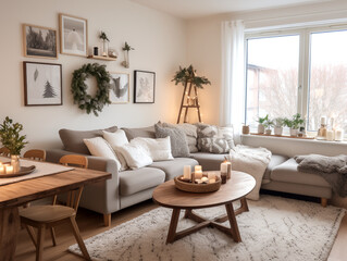 Fototapeta premium Simple minimalist Nordic and Scandinavian style living room in neutral colors with Christmas decor. Winter hygge concept. Living room in neutral and light colors with holiday decor.