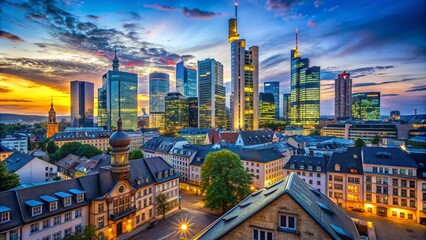 Obraz premium Stunning Low Light Photography of Deutsche Bank Tower Against Blue Sky Over Houses in Frankfurt am Main, Germany, Capturing the City’s Architectural Beauty and Nightlife Charm