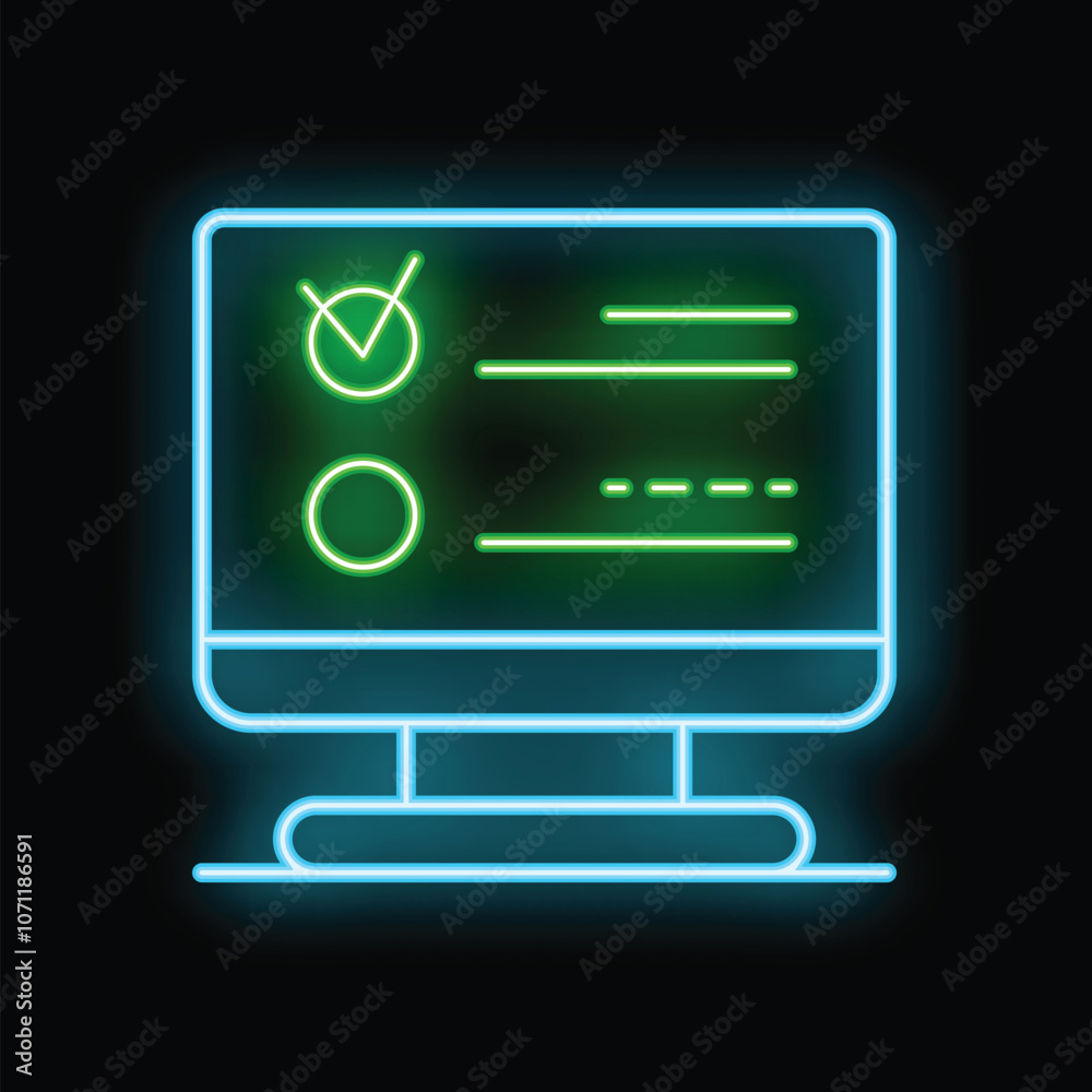 Poster glowing neon online survey on computer screen displaying checklist for internet website