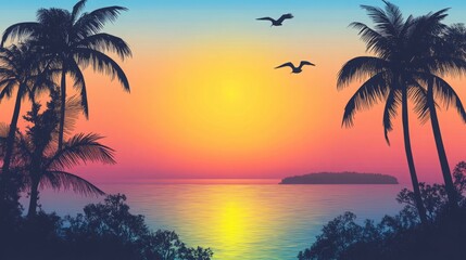 Fototapeta premium Silhouettes of palm trees against a vibrant sunset over the ocean.