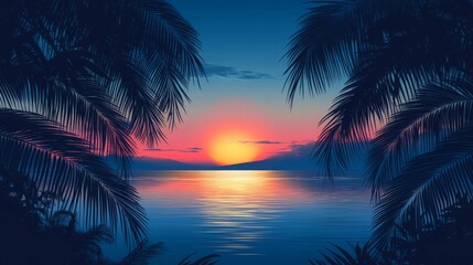 Silhouette of palm trees framing a breathtaking sunset over the ocean.