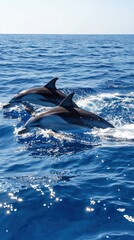 Naklejka premium Two dolphins swimming in blue ocean on sunny day