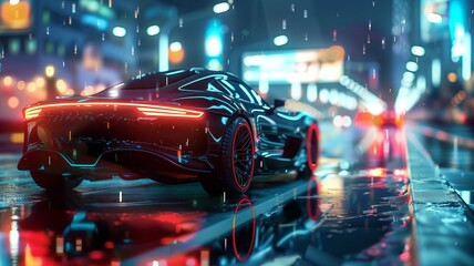 A sleek, futuristic sports car with glowing tail lights driving on a rainy city street at night