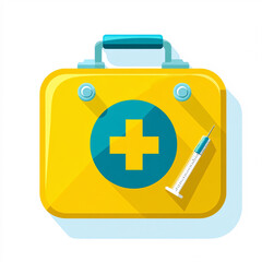 Obraz premium A bright yellow medical kit featuring a syringe and a blue cross symbol, representing health, safety, and first aid.