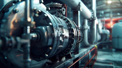 Fototapeta premium Industrial pipes, compressors, and pressure valves in a refinery environment