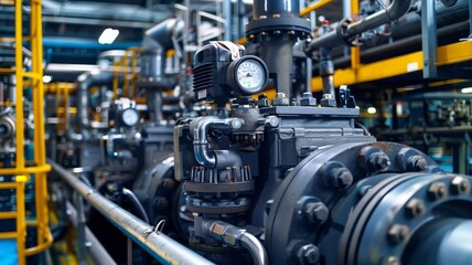 Fototapeta premium An industrial compressor in a refinery with complex piping, valves, and metallic components