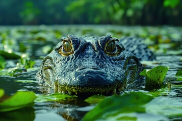 Fototapeta premium American crocodile in the Amazon River, highlighting its rugged texture and fierce presence