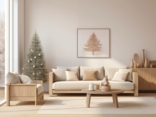 Simple minimalist Nordic and Scandinavian style living room in neutral colors with Christmas decor. Winter hygge concept. Living room in neutral and light colors with holiday decor.