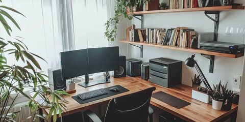 Naklejka premium Functional home office setup with ergonomic furniture and organized workspaces.