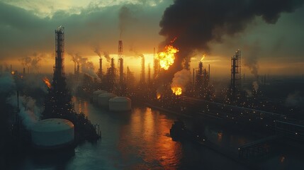 Industrial Oil Storage Tanks at Overcast Sunset
