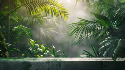 Fototapeta premium A tropical jungle scene with lush green foliage illuminated by soft sunlight