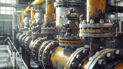 An industrial production line with intricate steel pipelines and valves