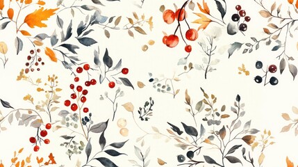 Watercolor seamless pattern featuring a natural frame adorned with hand drawn plants leaves and berries ideal for card backgrounds and fantasy garden designs