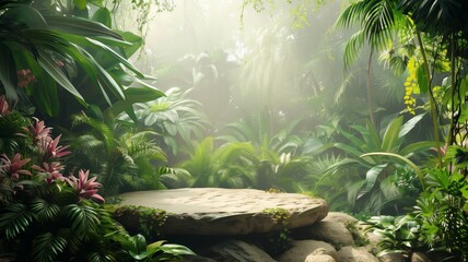 A tropical-themed setup with a table displaying cosmetics and decor items