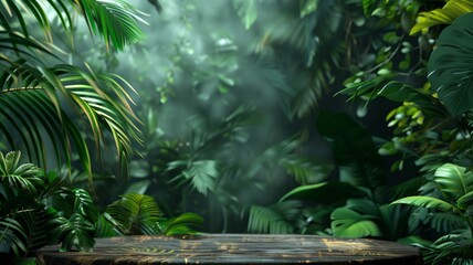 A lush jungle scene with dense green foliage surrounding a rustic wooden table