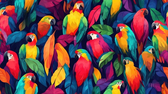 Colorful tropical birds seamless pattern featuring vibrant parrots and toucans ideal for fabric design jungle theme