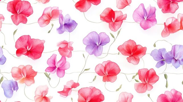 Colorful seamless pattern of handmade watercolor sweet peas on a trellis against a white background perfect for fabric wallpapers and gift wrapping