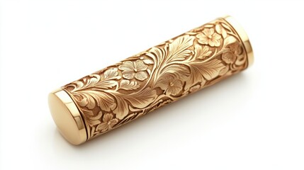 Gold lipstick case with intricate engravings, isolated on white, representing elegance in beauty