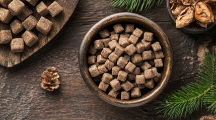 Fototapeta premium Brown Sugar Cubes in Wooden Bowl on Rustic Background