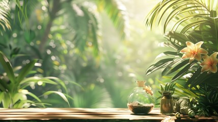 A serene jungle setting with soft sunlight filtering through lush green foliage