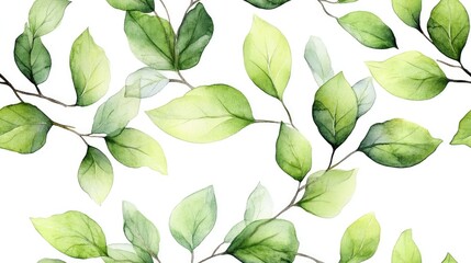 Watercolor botanical illustration featuring seamless pattern of hand painted branches with lush green leaves suitable for fabric design and home decor