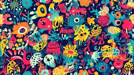 Colorful abstract seamless pattern with whimsical illustrations and clipart perfect for creative backgrounds and textile designs