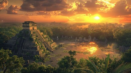 Ancient Mayan Pyramid at Sunset