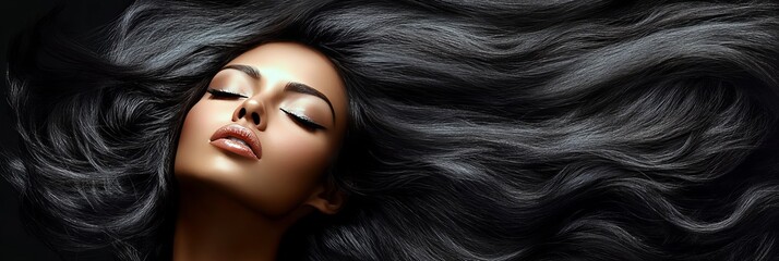 Naklejka premium Beautiful Woman With Long, Healthy Black Hair. Background For Wellness, Haircare, Shampoo Banner
