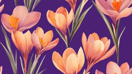 Watercolor crocuses in a seamless pattern against a purple background perfect for textile design and packaging