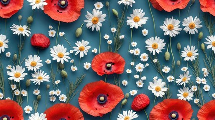Seamless pattern featuring vibrant red poppies and white daisies against a soothing blue backdrop ideal for textiles or home decor