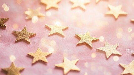 Obraz premium A dreamy and blurred pink background adorned with twinkling golden stars and soft, blurred light shadows, evoking a fairytale ambiance. The shimmering stars and gentle glow create a magical 