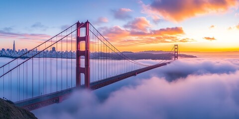 Obraz premium Golden Gate Bridge at sunrise with a foggy cityscape in the background.
