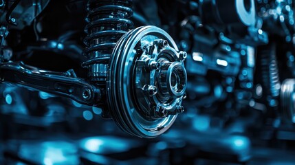 Fototapeta premium Close-up of a car's suspension system with a brake disc and shock absorber.