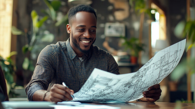 Black male engineer in his 30s smiling while reviewing architectural plans in an office, promoting the concept of digital transformation