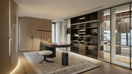 An elegant, modern, and brightly lit luxurious dressing room located in an apartment designed by Piero Lissoni. generative ai